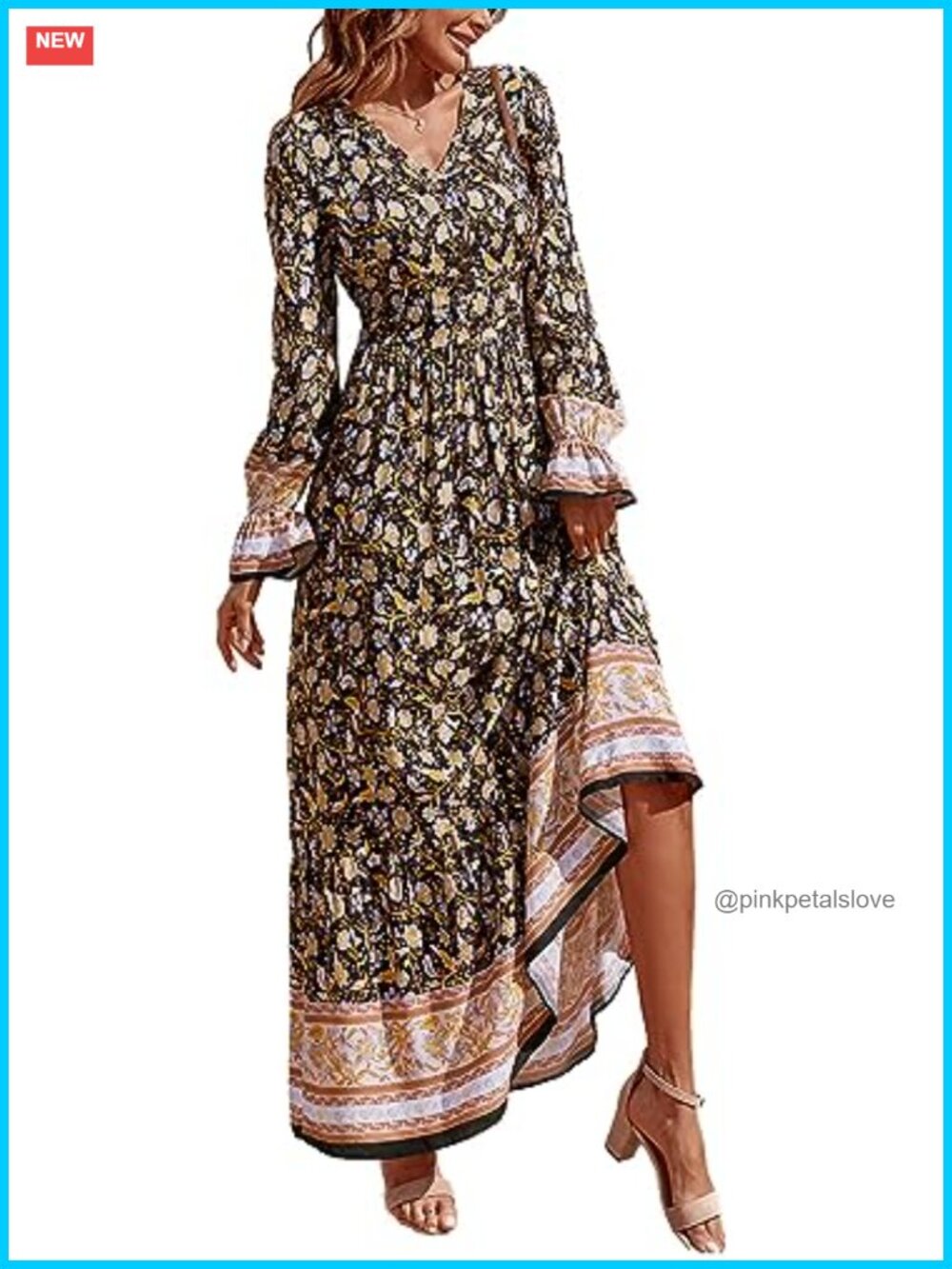 V Neck Casual Long Sleeve Maxi Dress with Floral Print